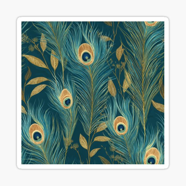 Vintage Peacock Feathers in Blue, Green and Gold (Seamless Pattern) Sticker