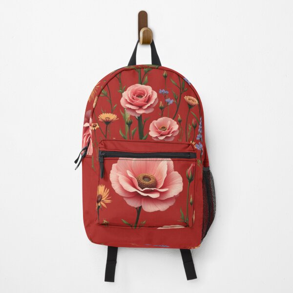 Item preview, Wildflowers And 3 Pink Roses in Center #2 - Candy Apple Red Background #5015CRD designed and sold by Wildflower Rose.