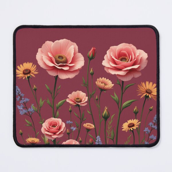 Item preview, Wildflowers And 3 Pink Roses in Center #2 - Deep Burgundy Background #5015DBD designed and sold by Wildflower Rose.