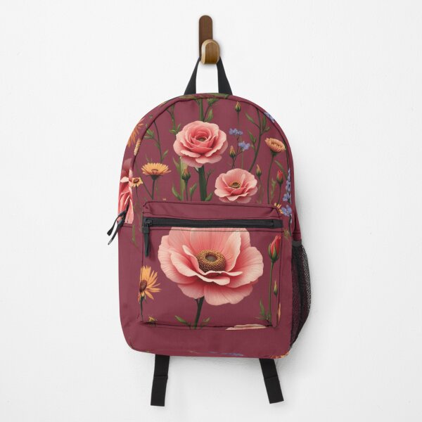 Item preview, Wildflowers And 3 Pink Roses in Center #2 - Deep Burgundy Background #5015DBD designed and sold by Wildflower Rose.