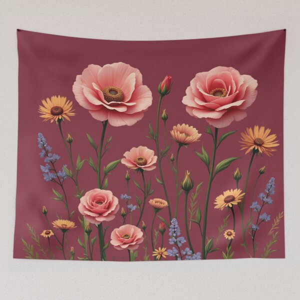 Item preview, Wildflowers And 3 Pink Roses in Center #2 - Deep Burgundy Background #5015DBD designed and sold by Wildflower Rose.