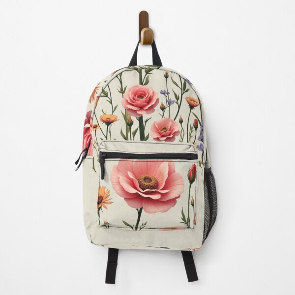 Artikelvorschau, Wildblumen und 3 rosa Rosen in der Mitte Nr. 2 – Elfenbeincreme-Hintergrund Nr. 5015ICR entworfen und verkauft von Wildflower Rose.