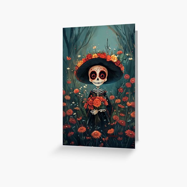 Vista previa del artículo con la obra «Calavera colorida con sombrero floral en el campo», diseñado y vendido por HoodWit Greetings.