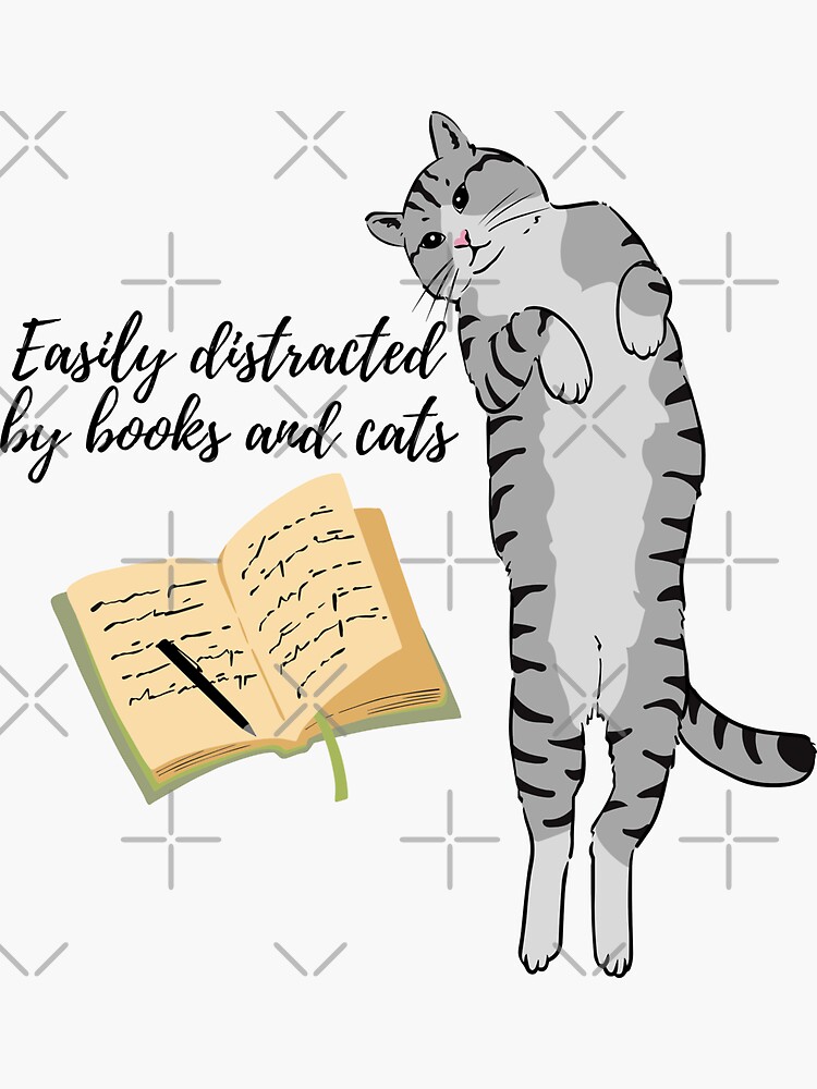 Aperçu 3 sur 3. Sticker avec l'œuvre Facilement distrait par les chats et les livres - Un amoureux des livres mignon distrait par les chats créée et vendue par pom0223122.