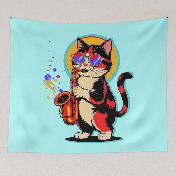 Item preview, Jazz Cat with Saxophone – Neon Retro Music Vibes designed and sold by Sepinik.