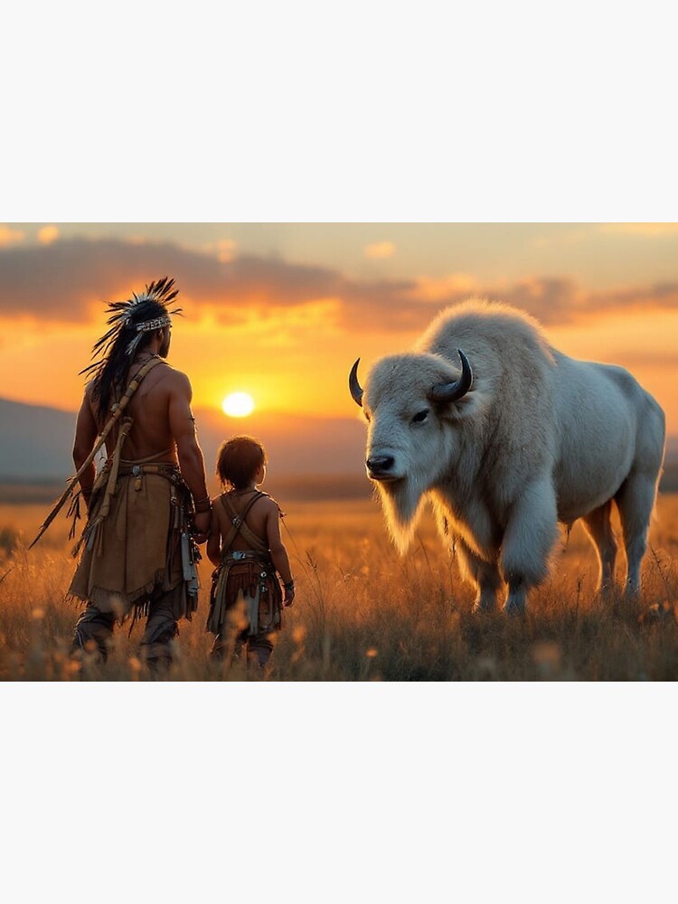Thumbnail 2 of 2, Art Board Print, Native American and son with a White Bison designed and sold by LenCarol.