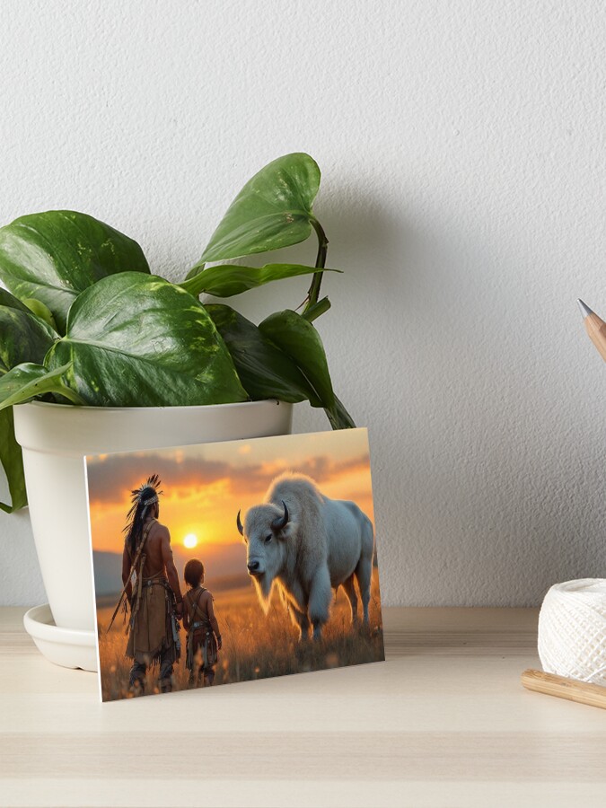 Thumbnail 1 of 2, Art Board Print, Native American and son with a White Bison designed and sold by LenCarol.