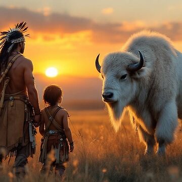 Artwork thumbnail, Native American and son with a White Bison by LenCarol