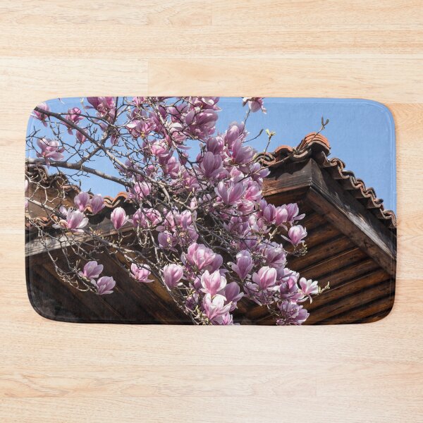 Item preview, Bold Pink Magnolia Blooms and Traditional Stone Building designed and sold by Georgia Mizuleva.