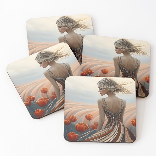 Item preview, Woman in a flowing dress among vibrant tulips field designed and sold by Artessie.