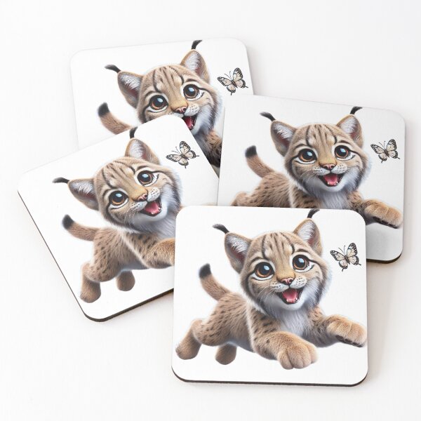 Item preview, Baby Iberian Lynx Playing with Butterfly – Kawaii Cute Feline Illustration designed and sold by FusiTink.