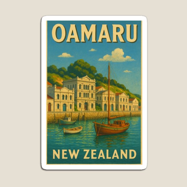 Aperçu de l'œuvre Bâtiments portuaires historiques d'Oamaru, Nouvelle-Zélande, avec bateaux créée et vendue par Places On Earth.