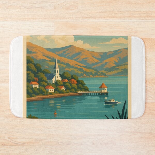 Item preview, Akaroa New Zealand with Pier and Church on Banks Peninsula designed and sold by Places On Earth.
