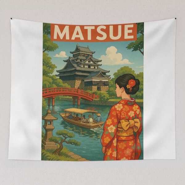 Item preview, Matsue Japan with Castle, Kimono, and Red Bridge designed and sold by Places On Earth.