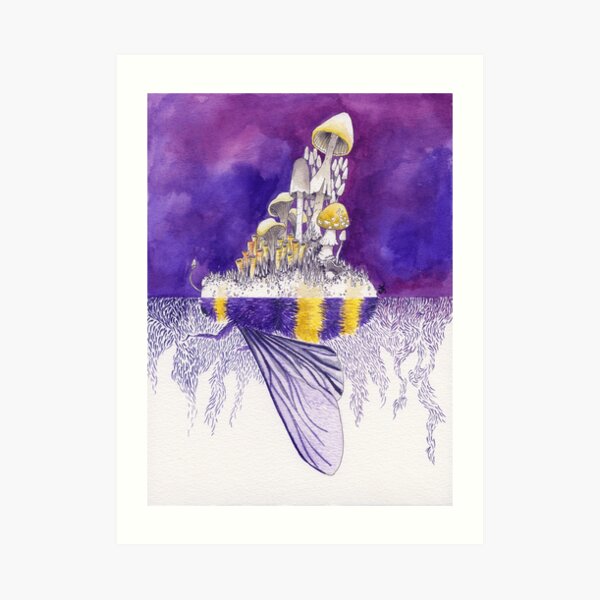 Ultraviolet Bumblebee / Mushroom Watercolor Painting Art Print