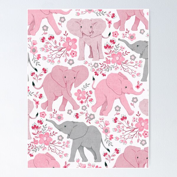 Energetic Elephants in Whimsical Wildflowers - ballerina pink Poster