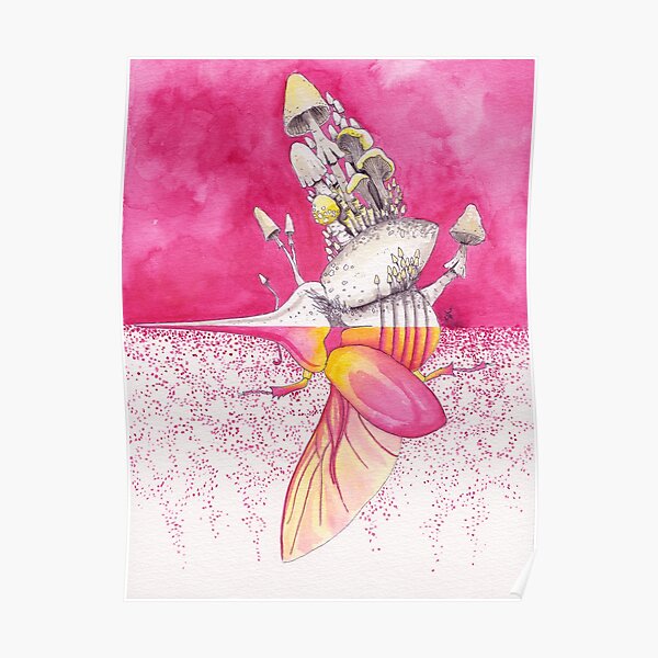 Pink Hercules Beetle / Mushroom Art | Watercolor Painting Poster