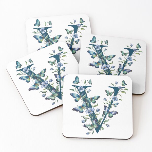Item preview, letter "V" with blue flowers and butterflies, designed and sold by jkrphoto.