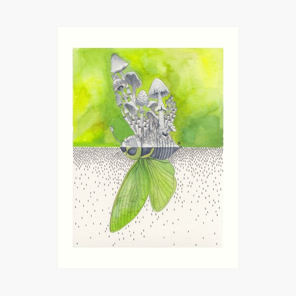 Green Cicada / Mushroom Watercolor Painting Art Print