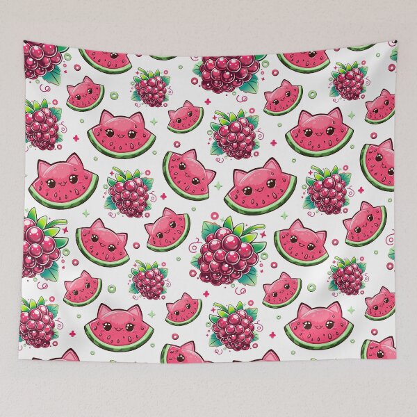 Item preview, Cute Watermelon Cat and Raspberry Seamless Pattern designed and sold by Anastasiia Yurevych.