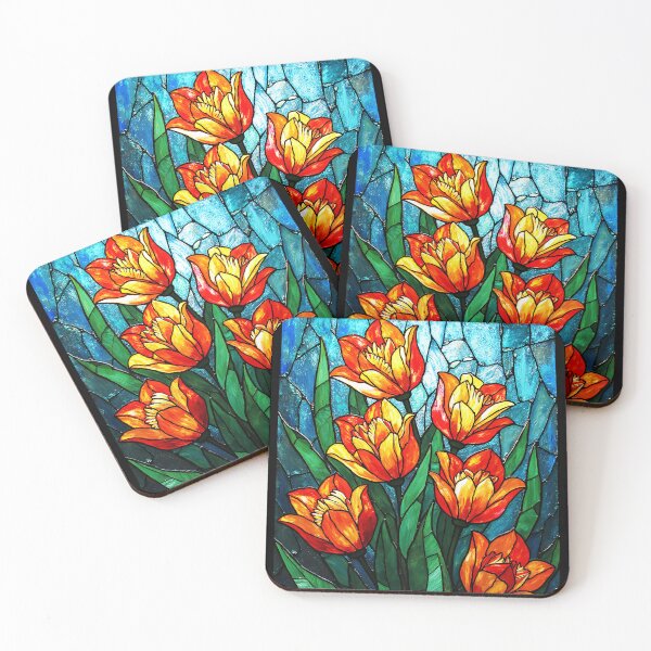 Item preview, Stained Glass Tulips, Vibrant Floral Art Decal, Faux Leaded Glass Panel Orange Red Tulip Window, Simulated Stained Glass Art, Botanical Window Cling designed and sold by Connys Colorful World.