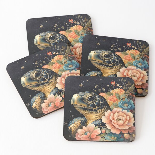 Item preview, Elegant Sea Turtle with Flowers on Dark Background  Floral Turtle Artwork with Botanical Elements designed and sold by Anastasiia Yurevych.