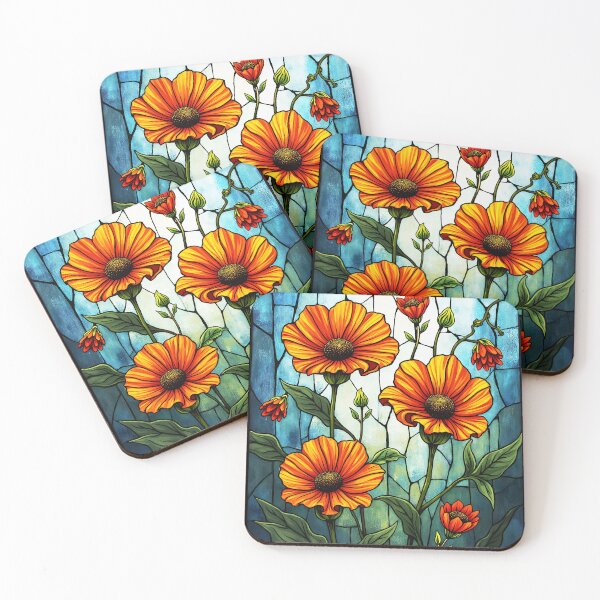 Item preview, Vibrant Stained Glass Flowers, Colorful Floral Art Decal, Vibrant Botanical Leaded Glass , Orange and Red Flower, Bright Flower Artistic Stained Glass Style Flowers,  designed and sold by Connys Colorful World.
