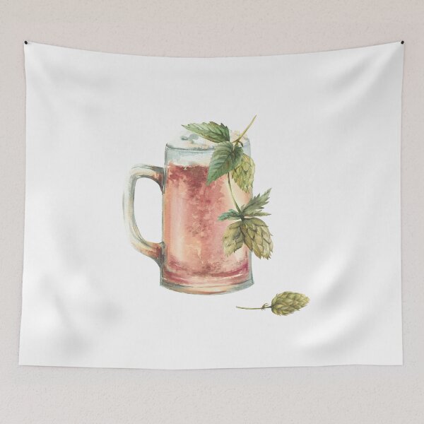 Item preview, Beer mug with hop branch. Masses or litre of foamy Oktoberfest drink Watercolor illustration designed and sold by BartolArt.