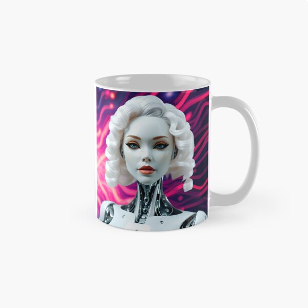 Aperçu de l'œuvre AI Fashionista : Robot Android aux cheveux blond platine et fond coloré créée et vendue par LoveFightWrite.