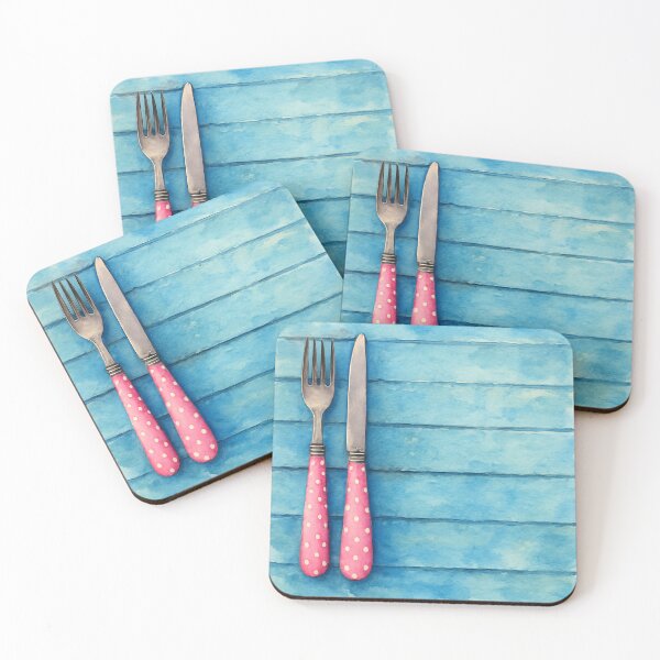 Item preview, Pink Polka Dot Cutlery on Blue Wood – Watercolor Style designed and sold by Pacika.