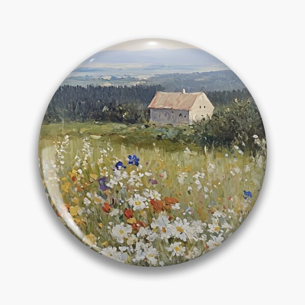 Item preview, Colorful Wildflower Field With Farmhouse Vintage Landscape Oil Painting designed and sold by JoBella-Designs.