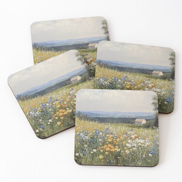 Item preview, Colorful Wildflower Field With Farmhouse Vintage Landscape Oil Painting designed and sold by JoBella-Designs.