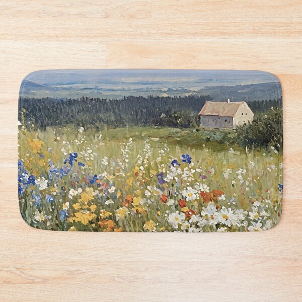 Item preview, Colorful Wildflower Field With Farmhouse Vintage Landscape Oil Painting designed and sold by JoBella-Designs.