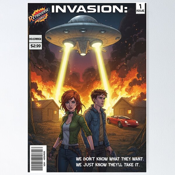 Item preview, Retro Invasion from Another World, comic book cover designed and sold by JonelleTshirts.