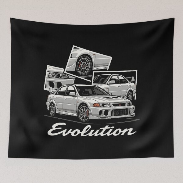 Item preview, Mitsubishi Lancer Evolution V JDM Art – White Rally Legend in Retro Stylized Collage designed and sold by TheArtOfCar.