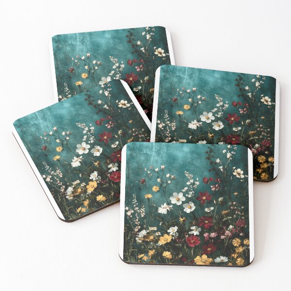 Item preview, Vintage, Dark Academia, Red White And Yellow Wildflowers Against A Teal Wall Oil Painting  designed and sold by JoBella-Designs.