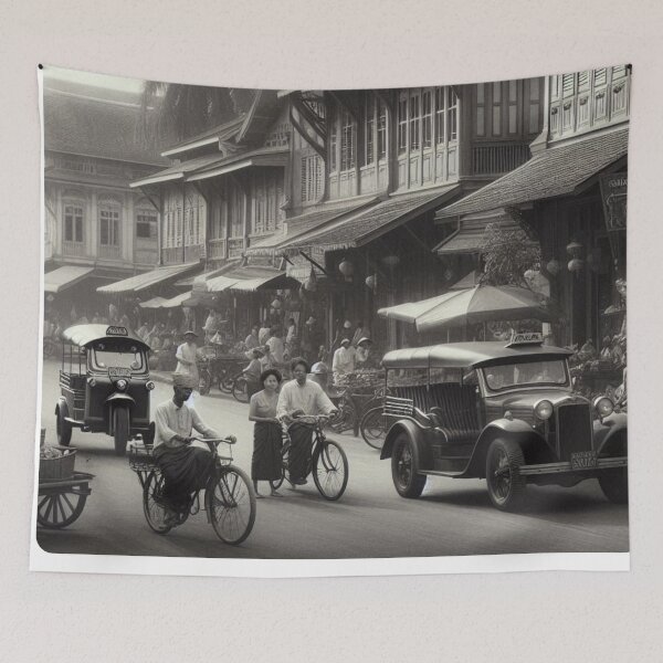 Item preview, 1930s Bangkok City Scene – AI Artwork of a Crowded Urban Atmosphere for Clothing and Accessories for City Lovers designed and sold by knalpot-design.