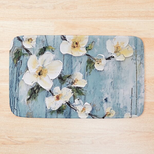 Item preview, Chunky White and Yellow Blossoms Against A Blue Aged Wall Oil Painting Vintage Chinoiserie Asian Style Print  designed and sold by JoBella-Designs.