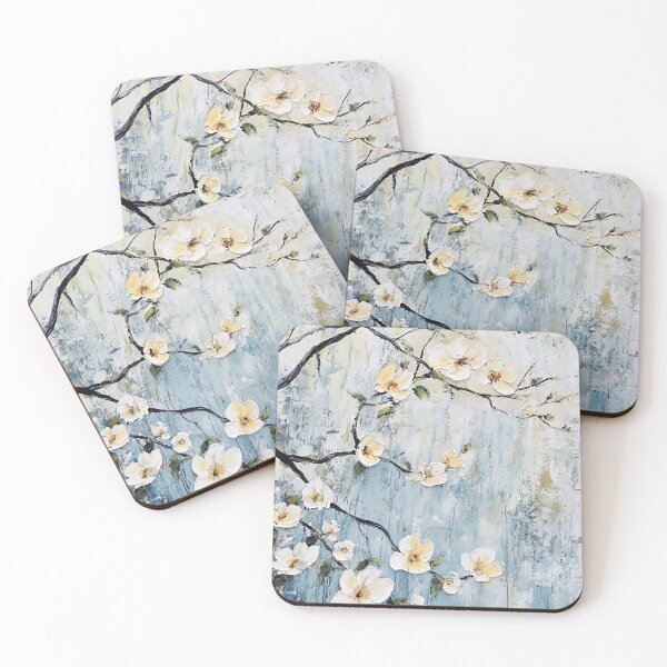 Item preview, Chunky White and Yellow Blossoms Against A Blue Aged Wall Oil Painting Vintage Chinoiserie Asian Style Print  designed and sold by JoBella-Designs.