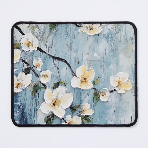 Item preview, Chunky White and Yellow Blossoms Against A Blue Aged Wall Oil Painting Vintage Chinoiserie Asian Style Print designed and sold by JoBella-Designs.