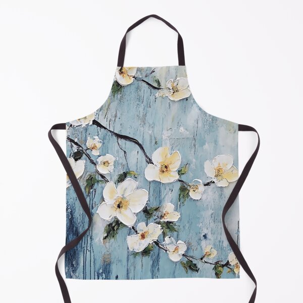 Item preview, Chunky White and Yellow Blossoms Against A Blue Aged Wall Oil Painting Vintage Chinoiserie Asian Style Print  designed and sold by JoBella-Designs.