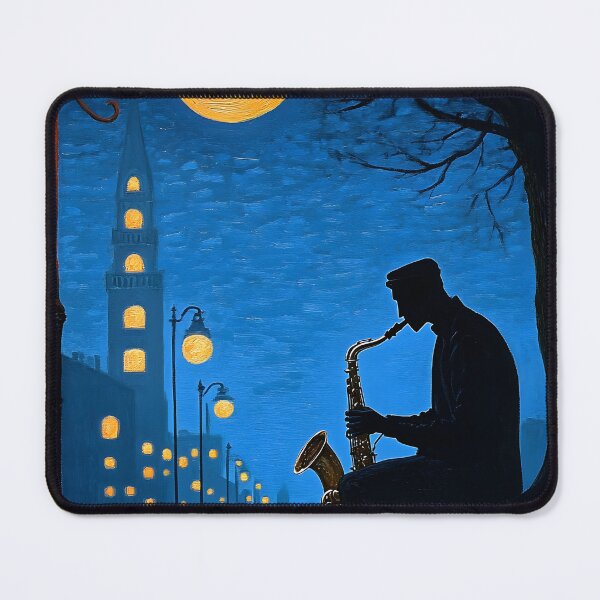 Item preview, Silhouette of saxophonist under streetlights at night designed and sold by Artessie.