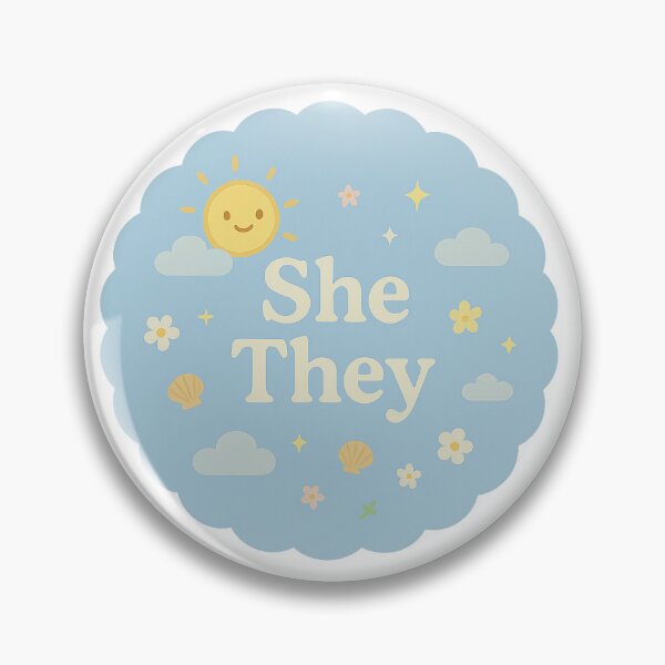 Item preview, She/They Pronouns Badge - Whimsical Pastel Sky Design designed and sold by Queer Designs.