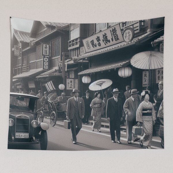 Item preview, 1930s Tokyo Street Scene – AI Black and White Artwork of a Crowded City for Clothing and Accessories for Urban Explorers designed and sold by knalpot-design.