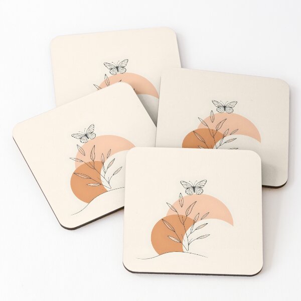 Item preview, Brown beige pastel orange abstract shapes with lineart plant leaves and a butterfly minimalist art designed and sold by EmeraldeaArt.