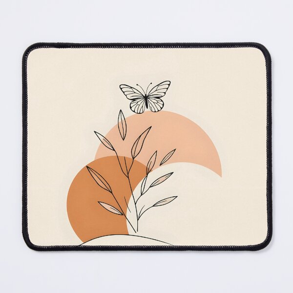 Item preview, Brown beige pastel orange abstract shapes with lineart plant leaves and a butterfly minimalist art designed and sold by EmeraldeaArt.