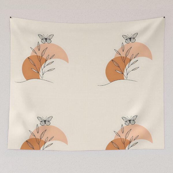 Item preview, Brown beige pastel orange abstract shapes with lineart plant leaves and a butterfly minimalist art designed and sold by EmeraldeaArt.