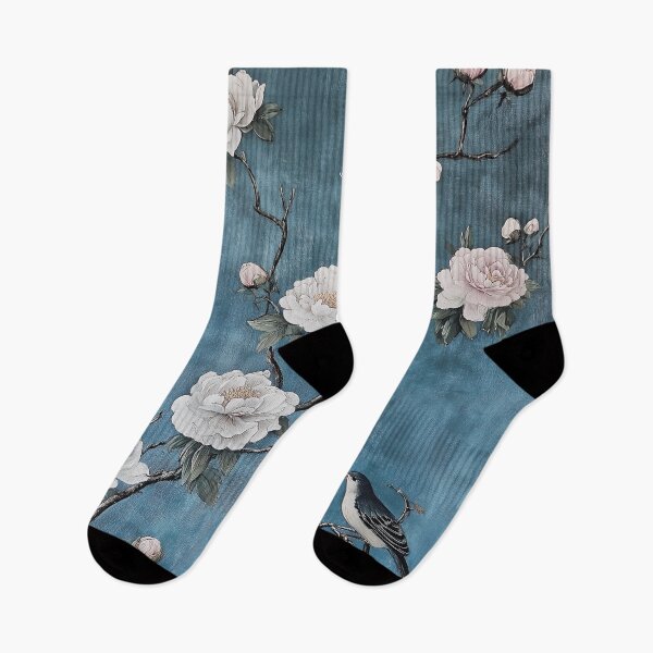 Item preview, Denim Blue and Pink Floral Chinoiserie Bird On Branches With Peony Blossoms designed and sold by JoBella-Designs.