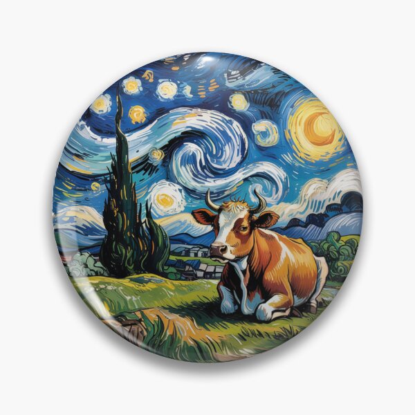 Item preview, Whimsical Cow Under a Starry Sky – Artistic Round Sticker | Cow Nation Exclusive designed and sold by CircinusStore.