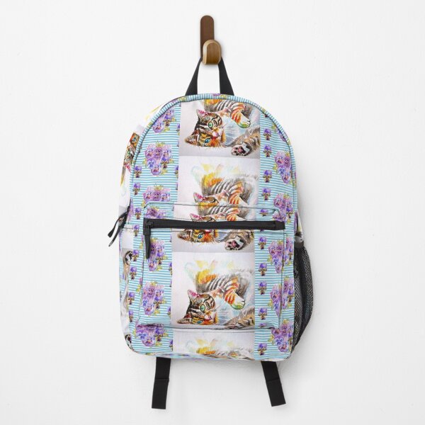 Item preview, Tabby Cat Watercolor Art Pastel Blue Purple Viola flower Shabby Cottage Core designed and sold by Sarah Rajkotwala.